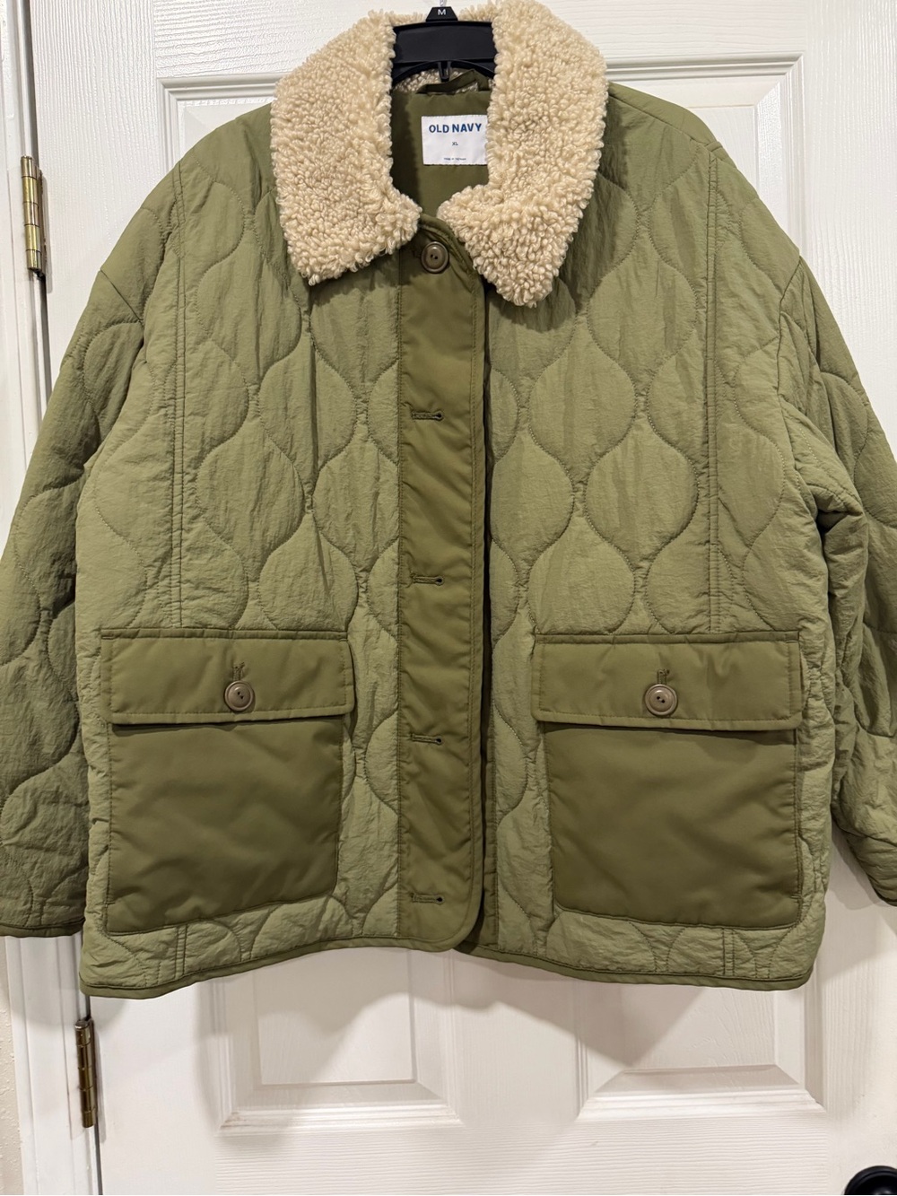 Old Navy Olive Green Quilted Jacket with Cream Sherpa Collar